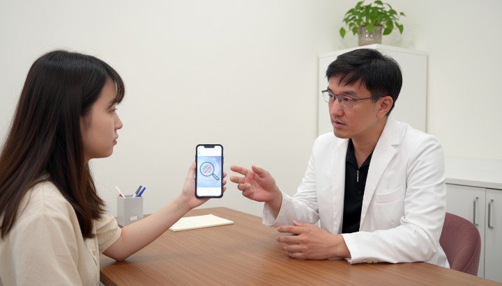 吳紹琥醫師於診間解說接觸性皮膚炎成因 顯微鏡下顯示手機細菌導致接觸性皮膚炎 女性講電話姿勢不當引起接觸性皮膚炎示意 定期消毒手機螢幕能有效減少接觸性皮膚炎