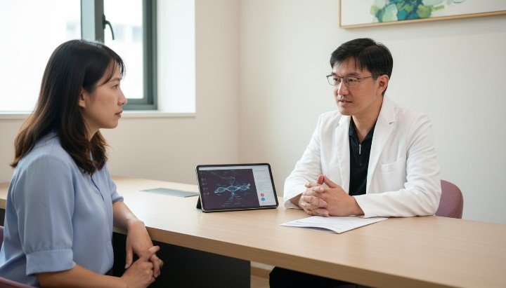 醫師在診間為焦慮患者解讀基因檢測報告 醫師與患者共同討論基因檢測後的預防措施 透過精準基因檢測打造個人化的健康計畫