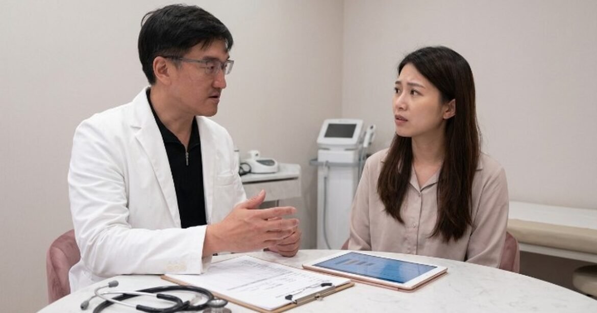 吳芮醫師提供破解減重卡關與復胖的飲食建議，光線柔和的診所內，醫師正與患者交流。