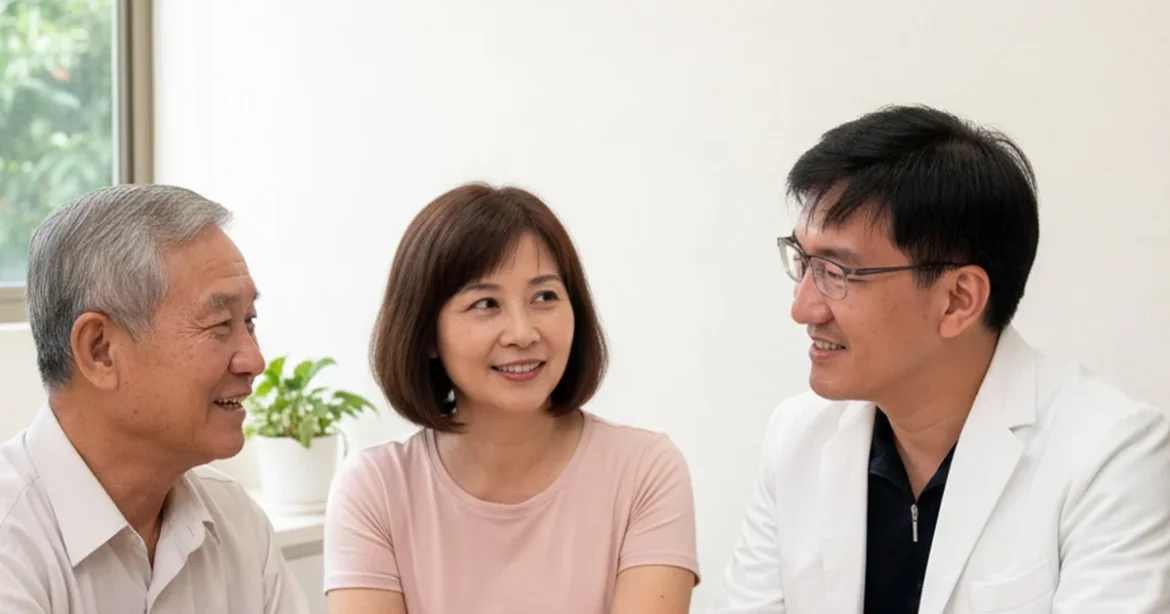 吳芮醫師專注於肝斑治療的解析，燈光柔和，背景為診療室的設備與資料。