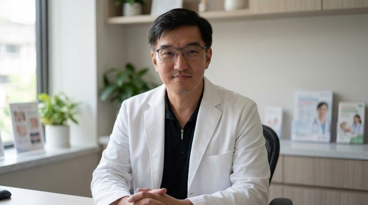 吳芮醫師在講解健康食品的選擇技巧，背景是明亮的辦公室環境