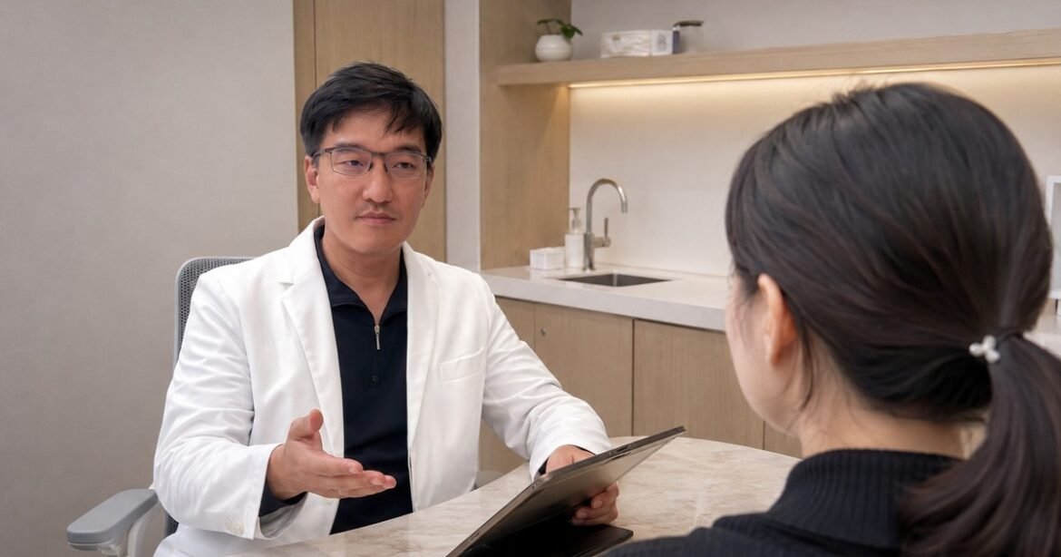吳芮醫師療程說明療程中，醫師仔細評估臉頰凹陷情況。