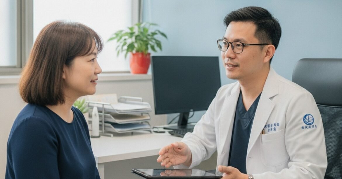 吳芮醫師與患者討論抽脂前體重管理的畫面，強調專業建議。