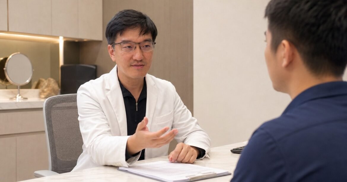 吳芮醫師解釋新藥研發的臨床試驗流程圖，強調每個階段的重要性。