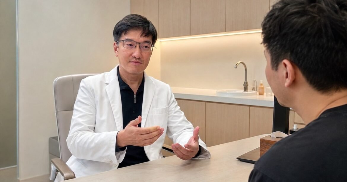 在診間內，吳芮醫師正與患者討論隆乳手術的吳芮醫師費用與細節，桌上擺放著假體模型。